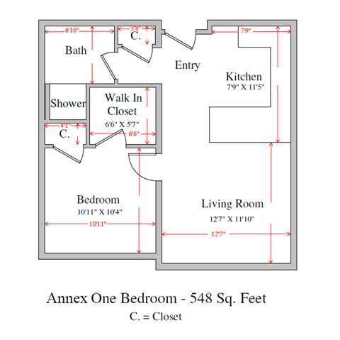 Floor plan for 1 bed, 1 bath